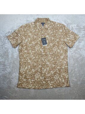 Van Heusen Mens S/P Tan & White Tropical Print Button-Up Shirt Cotton Blend
